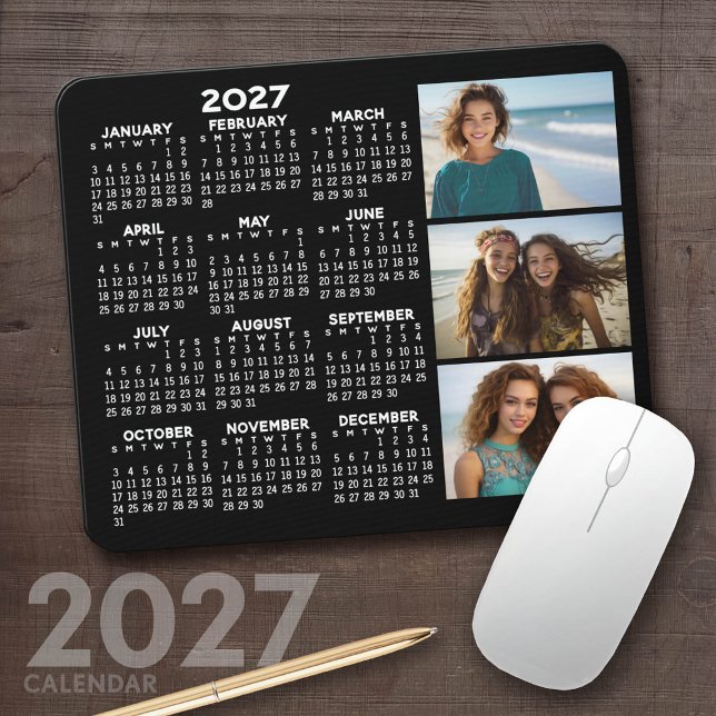 2027 Kalender 3 Foton Basic Svart Minimal Musmatta (2027 Calendar Mousepad)