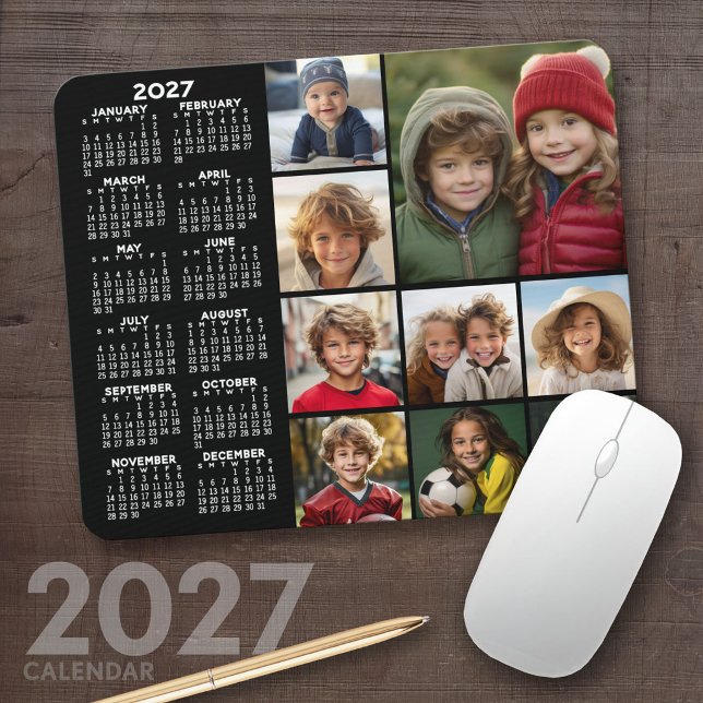 2027 Kalender - 9 fotokollage - svart Musmatta (2027 Calendar Mousepad)