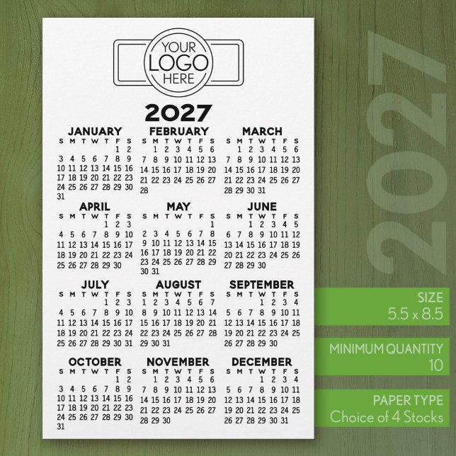 2027 Kalender - Basic Svart Minimal Logotyp Brevpapper (2027 Calendar Stationery Sheets - 5.5 x 8.5 with logo)