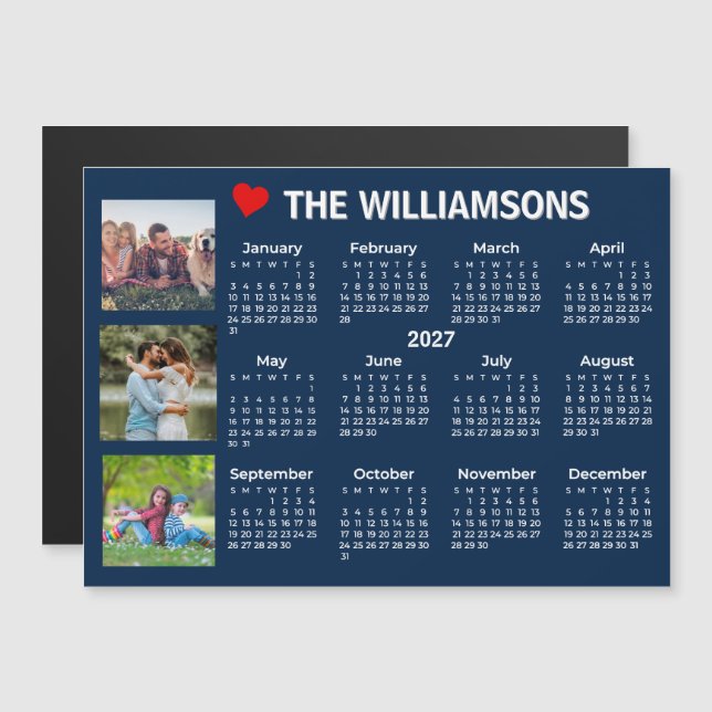 2027 Kalender Blå Vit Foto Collage Magnet (Fram/baksida)