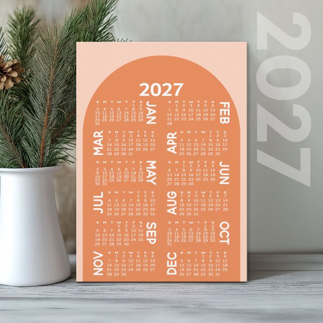 2027 Kalender - boho mod ark retro korall Julkort (2027 Calendar Holiday Card)