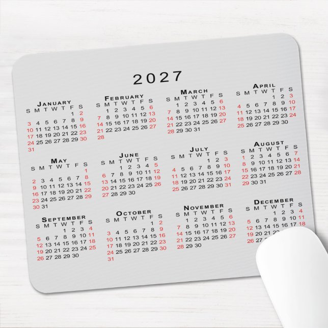 2027 Kalender Enkel Grå Svart Röd Musmatta (2027 Calendar Simple Gray Black Red Mouse Pad in situ)