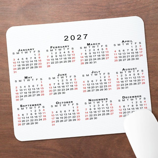 2027 Kalender Enkel Vit Svart Röd Musmatta (2027 Calendar Simple White Black Red Mouse Pad in situ)
