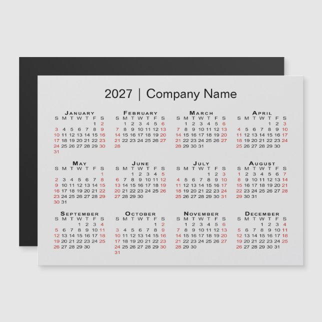 2027 Kalender Företagets Namn Grå Magnet (Fram/baksida)