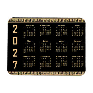 2027 Kalender, Grekisk Fret, Beige på Svart Magnet