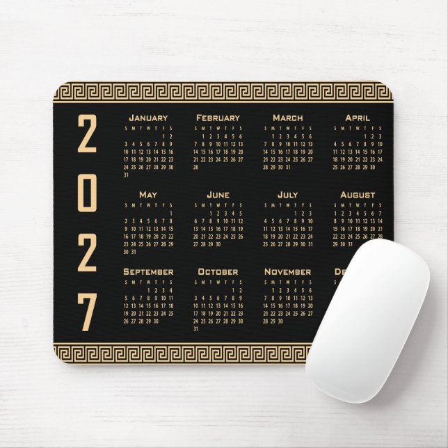 2027 Kalender, Grekisk Fret, Beige på Svart Musmatta (Med mus)