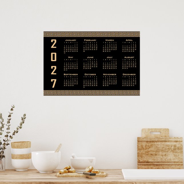 2027 Kalender, Grekisk Fret, Beige på Svart Poster (Kök)