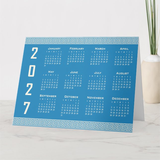 2027 Kalender, Grekisk Fret, Blå, Cosmic Latte Kort (Framsida)