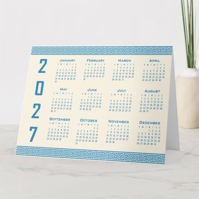 2027 Kalender, Grekisk Fret, Blå på Cosmic Latte Kort (Framsida)