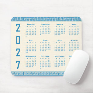 2027 Kalender, Grekisk Fret, Blå på Cosmic Latte Musmatta