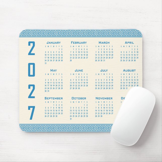 2027 Kalender, Grekisk Fret, Blå på Cosmic Latte Musmatta (Med mus)