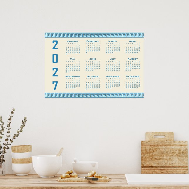 2027 Kalender, Grekisk Fret, Blå på Cosmic Latte Poster (Kök)