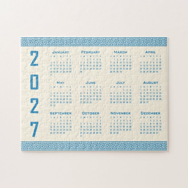 2027 Kalender, Grekisk Fret, Blå på Cosmic Latte Pussel (Horisontell)