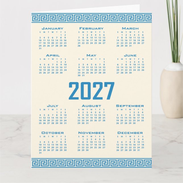 2027 Kalender, Grekisk Fret, Blå på Kosmisk Latte Kort (Framsida)