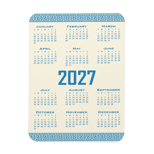 2027 Kalender, Grekisk Fret, Blå på Kosmisk Latte Magnet (Vertikal)
