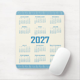 2027 Kalender, Grekisk Fret, Blå på Kosmisk Latte Musmatta