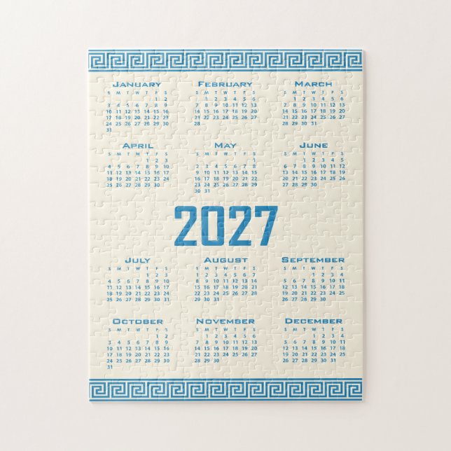 2027 Kalender, Grekisk Fret, Blå på Kosmisk Latte Pussel (Vertikal)