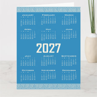 2027 Kalender, Grekisk Fret, Cosmic Latte på Blå Kort
