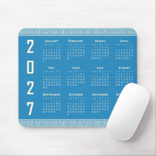 2027 Kalender, Grekisk Fret, Cosmic Latte på Blå Musmatta