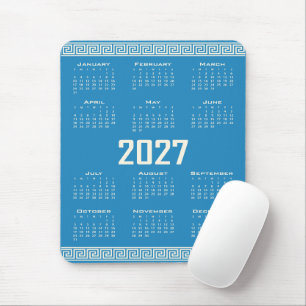 2027 Kalender, Grekisk Fret, Cosmic Latte på Blå Musmatta