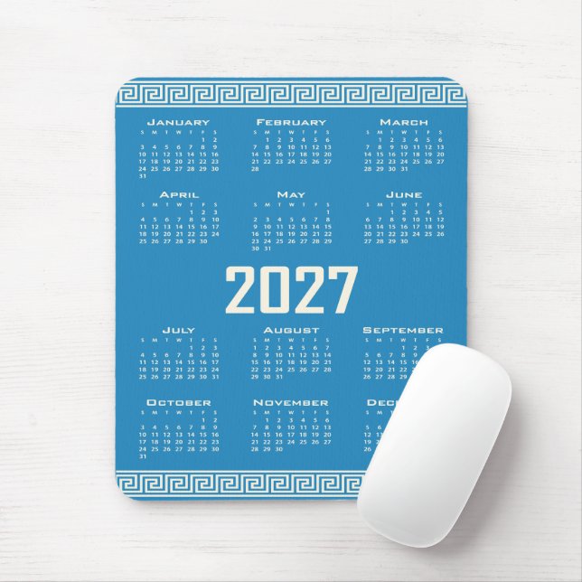 2027 Kalender, Grekisk Fret, Cosmic Latte på Blå Musmatta (Med mus)