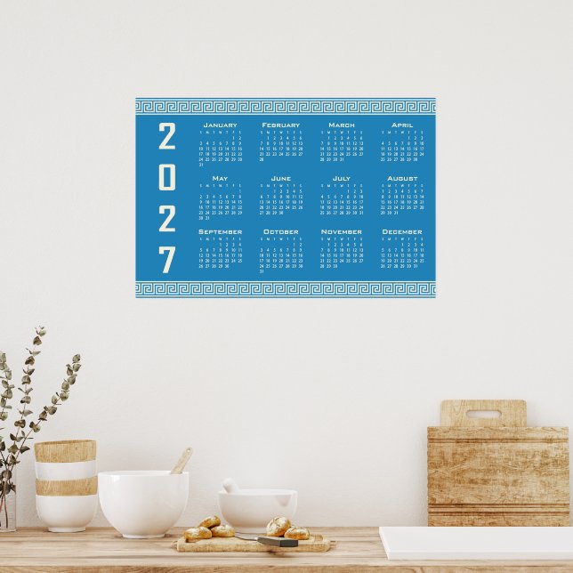2027 Kalender, Grekisk Fret, Cosmic Latte på Blå Poster (Kök)