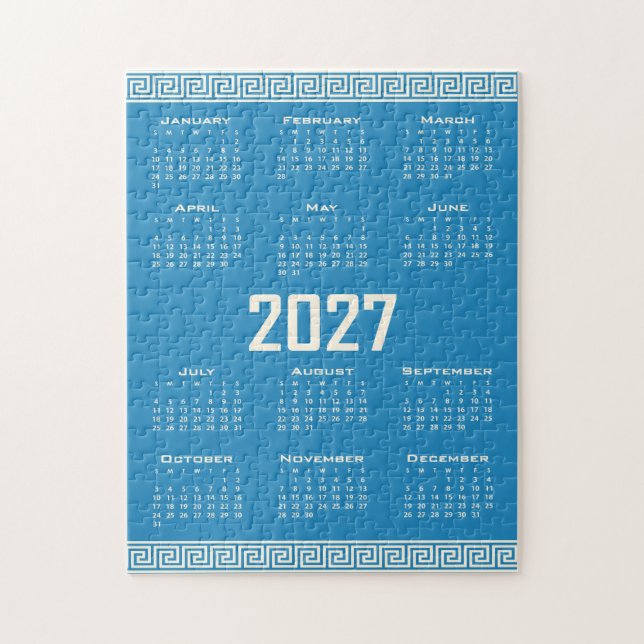2027 Kalender, Grekisk Fret, Cosmic Latte på Blå Pussel (Vertikal)