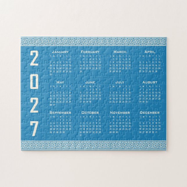 2027 Kalender, Grekisk Fret, Cosmic Latte på Blå Pussel (Horisontell)