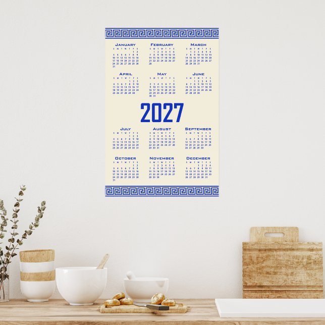 2027 Kalender, Grekisk Fret, Grekisk Blå Cosmic La Poster (Kök)