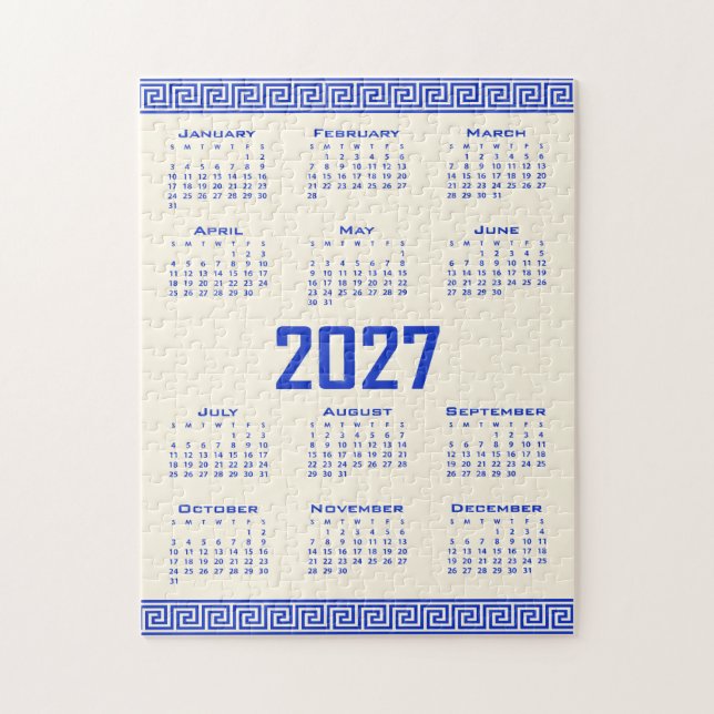 2027 Kalender, Grekisk Fret, Grekisk Blå Kosmisk L Pussel (Vertikal)
