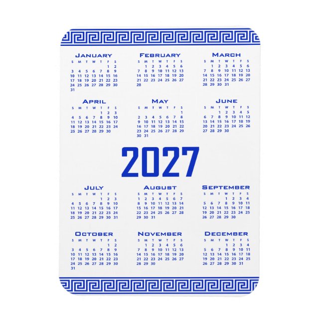 2027 Kalender, Grekisk Fret, Grekisk Blå på Vit Magnet (Vertikal)