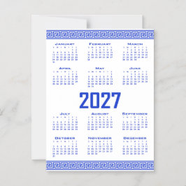 2027 Kalender, Grekisk Fret, Grekisk Blå på Vit Magnetisk Inbjudningskort