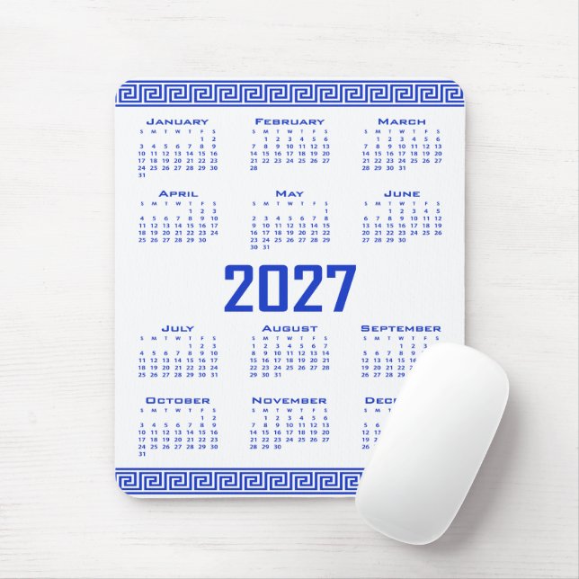 2027 Kalender, Grekisk Fret, Grekisk Blå på Vit Musmatta (Med mus)