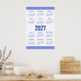 2027 Kalender, Grekisk Fret, Grekisk Blå på Vit Poster