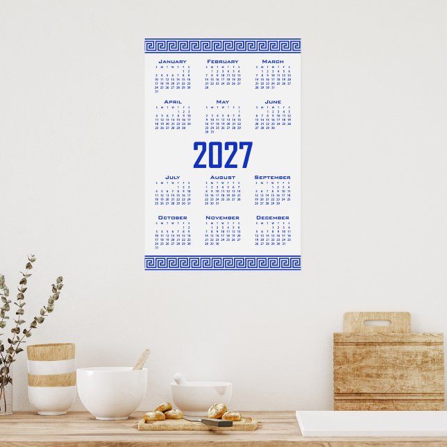 2027 Kalender, Grekisk Fret, Grekisk Blå på Vit Poster (Kök)