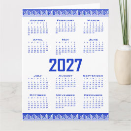 2027 Kalender, Grekisk Fret, Grekisk Blå på Vitt Kort