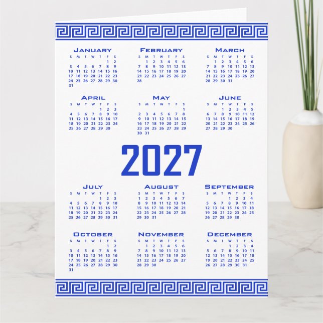 2027 Kalender, Grekisk Fret, Grekisk Blå på Vitt Kort (Framsida)