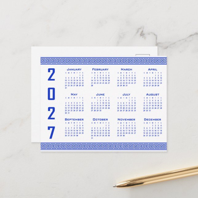 2027 Kalender, Grekisk Fret, Grekisk Blå på Vitt Vykort (Fram/Back In Situ)