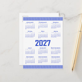 2027 Kalender, Grekisk Fret, Grekisk Blå på Vitt Vykort