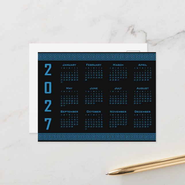 2027 Kalender, Grekisk Fret, Kosmos Blå på Svart Vykort (Fram/Back In Situ)