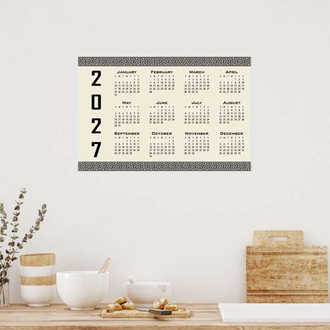 2027 Kalender, Grekisk Fret, Svart på Beige Poster (Kök)