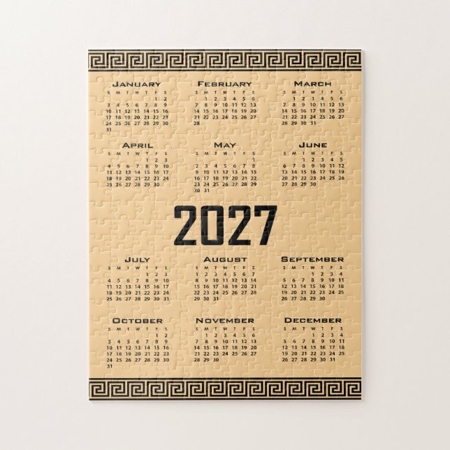 2027 Kalender, Grekisk Fret, Svart på Beige Pussel (Vertikal)