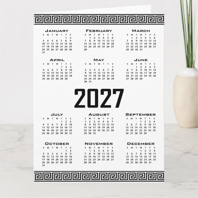 2027 Kalender, Grekisk Fret, Svart på Vitt Kort (Framsida)