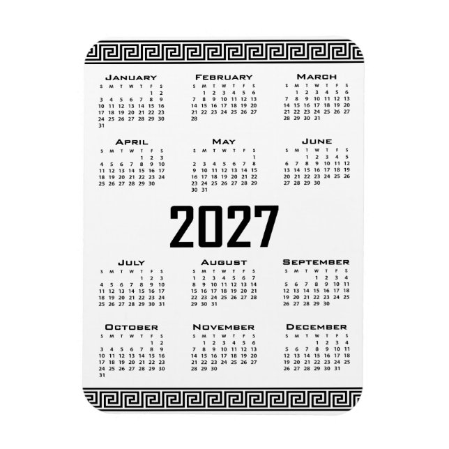 2027 Kalender, Grekisk Fret, Svart på Vitt Magnet (Vertikal)