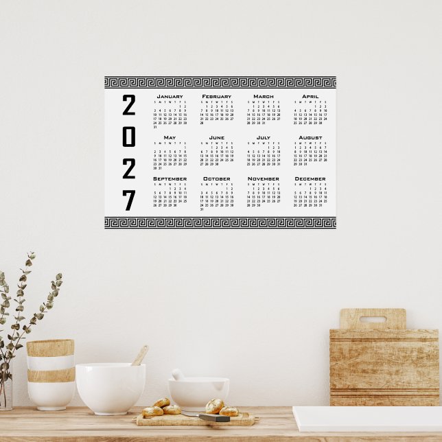 2027 Kalender, Grekisk Fret, Svart på Vitt Poster (Kök)