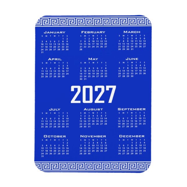 2027 Kalender, Grekisk Fret, Vit på Grekisk Blå Magnet (Vertikal)