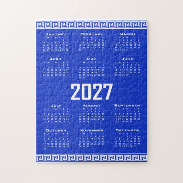 2027 Kalender, Grekisk Fret, Vit på Grekisk Blå Pussel (Vertikal)