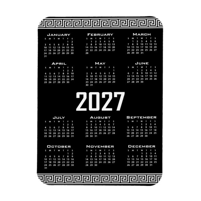 2027 Kalender, Grekisk Fret, Vit på Svart Magnet (Vertikal)