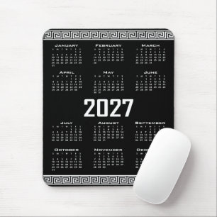 2027 Kalender, Grekisk Fret, Vit på Svart Musmatta