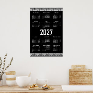 2027 Kalender, Grekisk Fret, Vit på Svart Poster